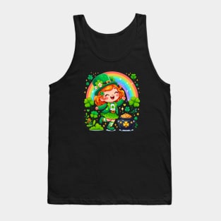 A cute Irish Lassie dancing an Irish jig celebrates St Patrick's Day with a rainbow a pot of gold and shamrocks Irish Pride Irish American four leaf clovers Tank Top